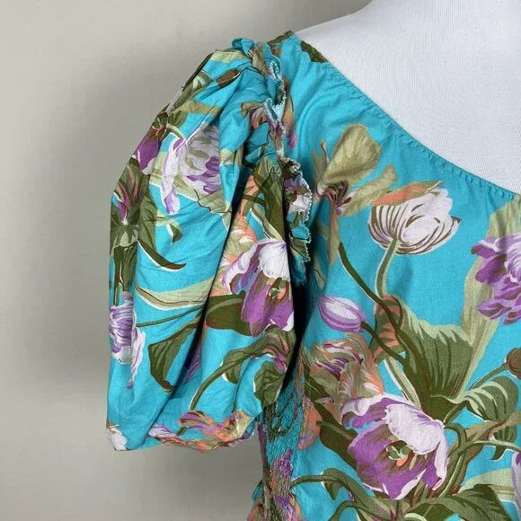 Anthropologie Love The‎ Label Top Womens XL Blue Floral Puff Sleeve Asymmetrical - Picture 5 of 14